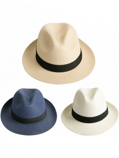 Fedoras Women and Men's Straw Fedora Panama Beach Sun Hat Black Ribbon Band - Natural - C218DQTC882 $27.36