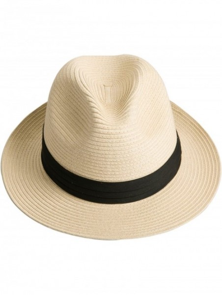 Fedoras Women and Men's Straw Fedora Panama Beach Sun Hat Black Ribbon Band - Natural - C218DQTC882 $27.36