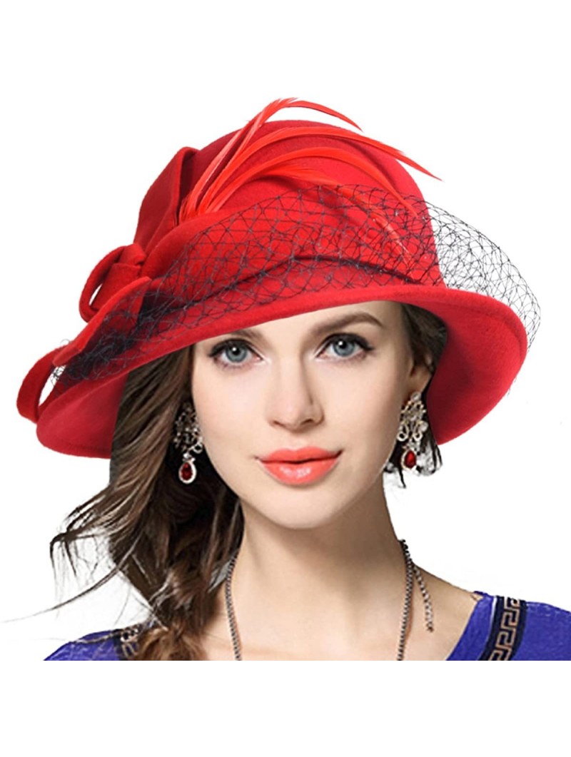 Bucket Hats Women's Wool Church Dress Cloche Hat Plumy Felt Bucket Winter Hat - Veil-red - C812N729606 $25.06