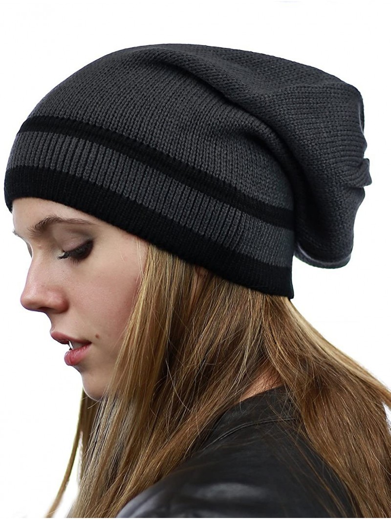 Skullies & Beanies Trendy Baggy Slouchy & Comfort Knitted Daily Beanie Hat w/Stripe - Grey/Bk - C812HPYE9LV $13.92