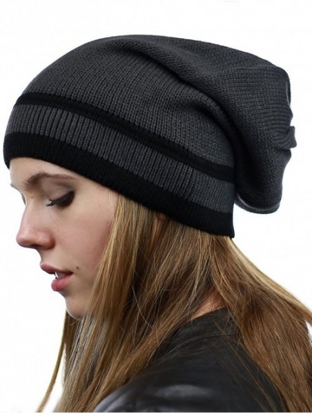 Skullies & Beanies Trendy Baggy Slouchy & Comfort Knitted Daily Beanie Hat w/Stripe - Grey/Bk - C812HPYE9LV $13.92