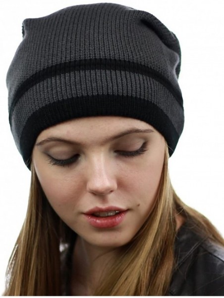 Skullies & Beanies Trendy Baggy Slouchy & Comfort Knitted Daily Beanie Hat w/Stripe - Grey/Bk - C812HPYE9LV $13.92