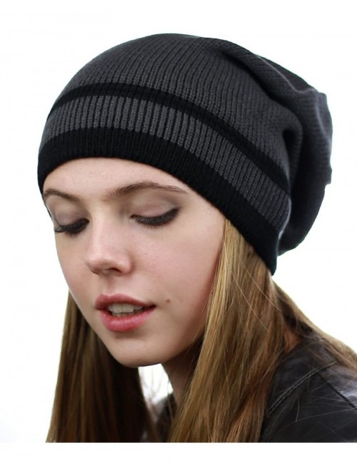 Skullies & Beanies Trendy Baggy Slouchy & Comfort Knitted Daily Beanie Hat w/Stripe - Grey/Bk - C812HPYE9LV $13.92