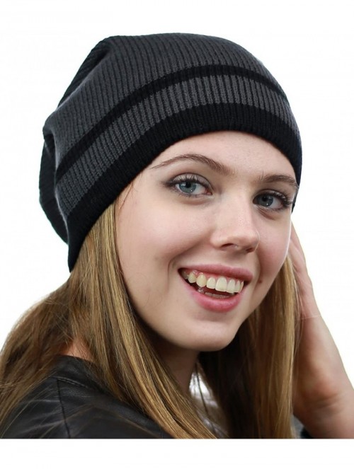 Skullies & Beanies Trendy Baggy Slouchy & Comfort Knitted Daily Beanie Hat w/Stripe - Grey/Bk - C812HPYE9LV $13.92