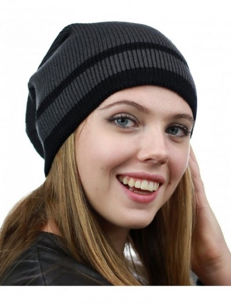 Skullies & Beanies Trendy Baggy Slouchy & Comfort Knitted Daily Beanie Hat w/Stripe - Grey/Bk - C812HPYE9LV $13.92