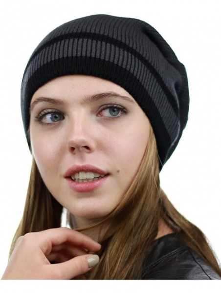 Skullies & Beanies Trendy Baggy Slouchy & Comfort Knitted Daily Beanie Hat w/Stripe - Grey/Bk - C812HPYE9LV $13.92