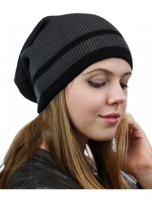 Skullies & Beanies Trendy Baggy Slouchy & Comfort Knitted Daily Beanie Hat w/Stripe - Grey/Bk - C812HPYE9LV $13.92