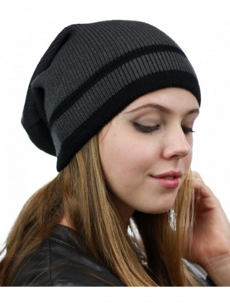 Skullies & Beanies Trendy Baggy Slouchy & Comfort Knitted Daily Beanie Hat w/Stripe - Grey/Bk - C812HPYE9LV $13.92