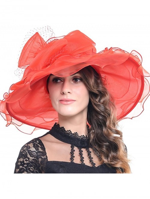 Sun Hats Women Kentucky Derby Church Dress Organza Hat Wide Brim Flat Hat S601 - Red - CL17Y9A075M $33.99