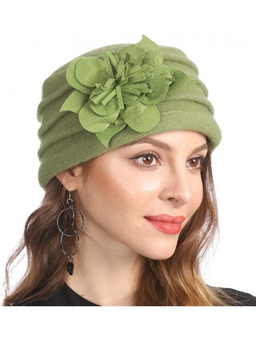 Berets Women's Winter Warm 100% Wool Beret Beanie Cloche Bucket Hat - Flower Green - CR18Y8RATQW $21.24