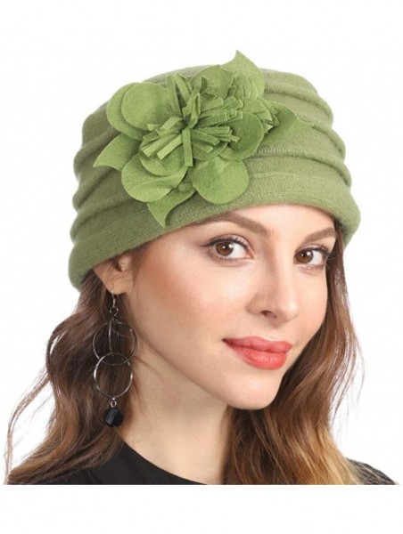 Berets Women's Winter Warm 100% Wool Beret Beanie Cloche Bucket Hat - Flower Green - CR18Y8RATQW $21.24