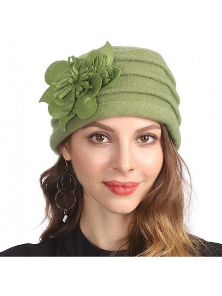 Berets Women's Winter Warm 100% Wool Beret Beanie Cloche Bucket Hat - Flower Green - CR18Y8RATQW $21.24