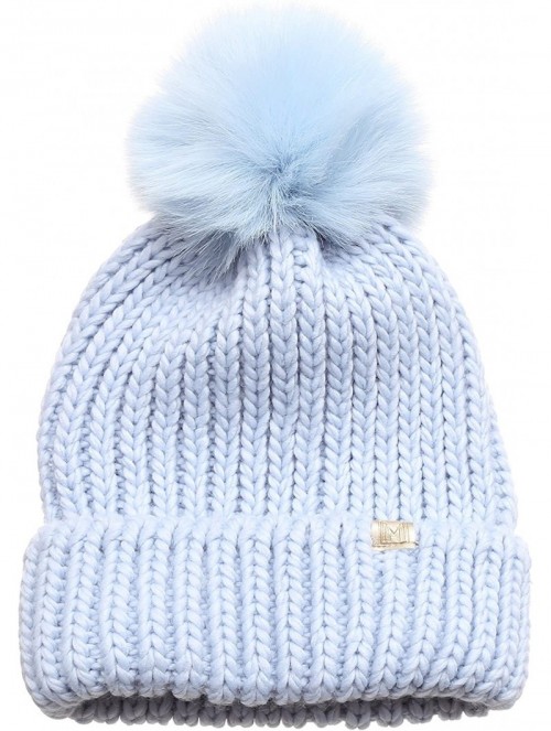Skullies & Beanies Women's Winter Solid Ribbed Knitted Beanie Hat with Faux Fur Pom Pom - Blue - CC185UK0XUT $15.11