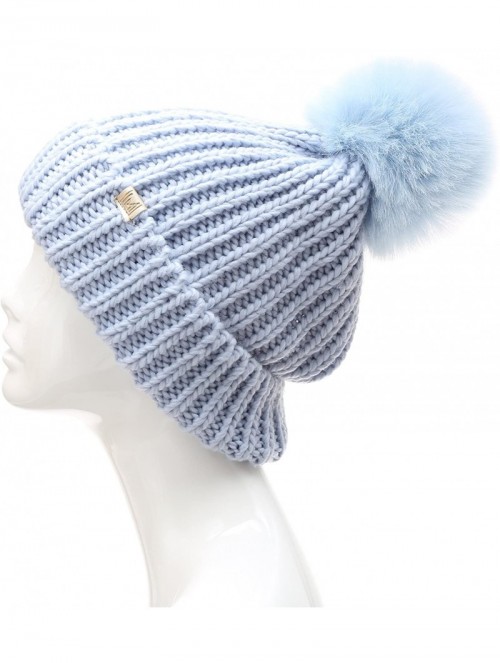 Skullies & Beanies Women's Winter Solid Ribbed Knitted Beanie Hat with Faux Fur Pom Pom - Blue - CC185UK0XUT $15.11