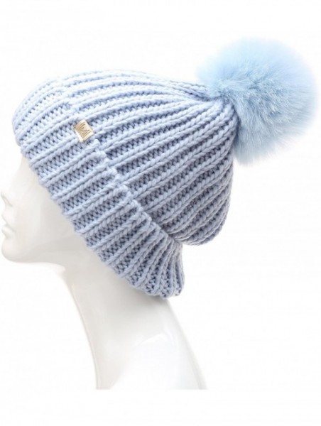 Skullies & Beanies Women's Winter Solid Ribbed Knitted Beanie Hat with Faux Fur Pom Pom - Blue - CC185UK0XUT $15.11