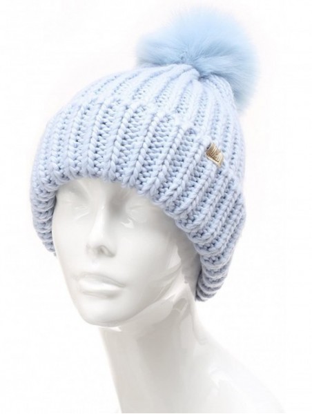 Skullies & Beanies Women's Winter Solid Ribbed Knitted Beanie Hat with Faux Fur Pom Pom - Blue - CC185UK0XUT $15.11