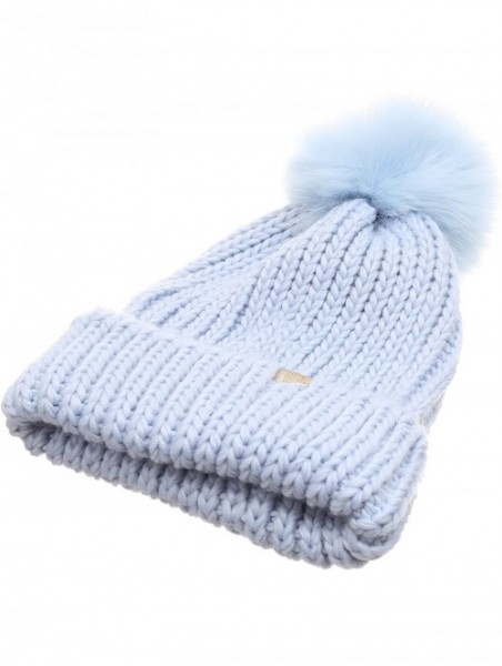 Skullies & Beanies Women's Winter Solid Ribbed Knitted Beanie Hat with Faux Fur Pom Pom - Blue - CC185UK0XUT $15.11