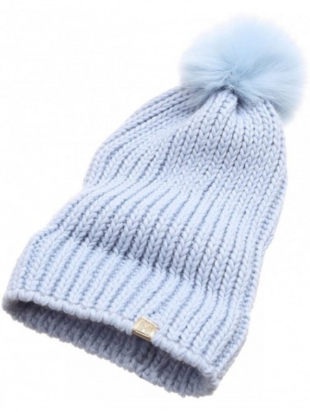 Skullies & Beanies Women's Winter Solid Ribbed Knitted Beanie Hat with Faux Fur Pom Pom - Blue - CC185UK0XUT $15.11