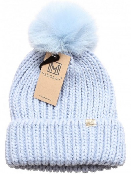 Skullies & Beanies Women's Winter Solid Ribbed Knitted Beanie Hat with Faux Fur Pom Pom - Blue - CC185UK0XUT $15.11