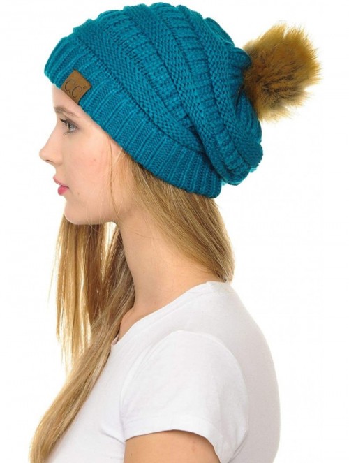Skullies & Beanies Hat-43 Thick Warm Cap Hat Skully Faux Fur Pom Pom Cable Knit Beanie - Teal - C718X6SKYKQ $21.62