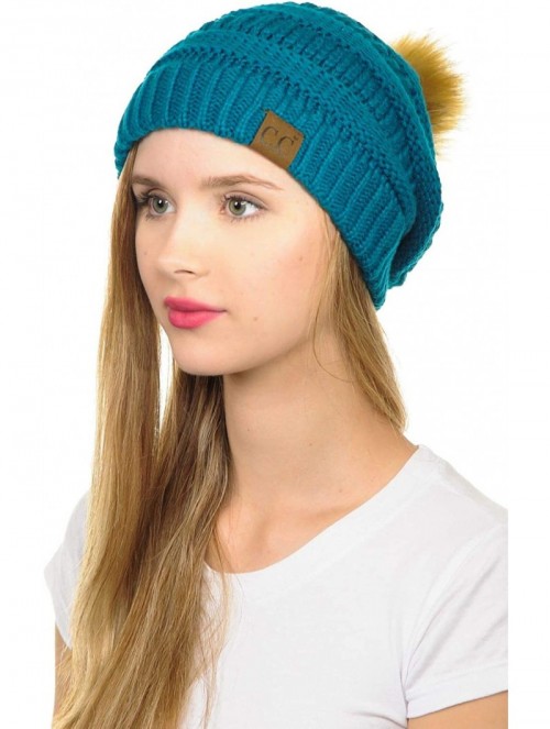 Skullies & Beanies Hat-43 Thick Warm Cap Hat Skully Faux Fur Pom Pom Cable Knit Beanie - Teal - C718X6SKYKQ $21.62