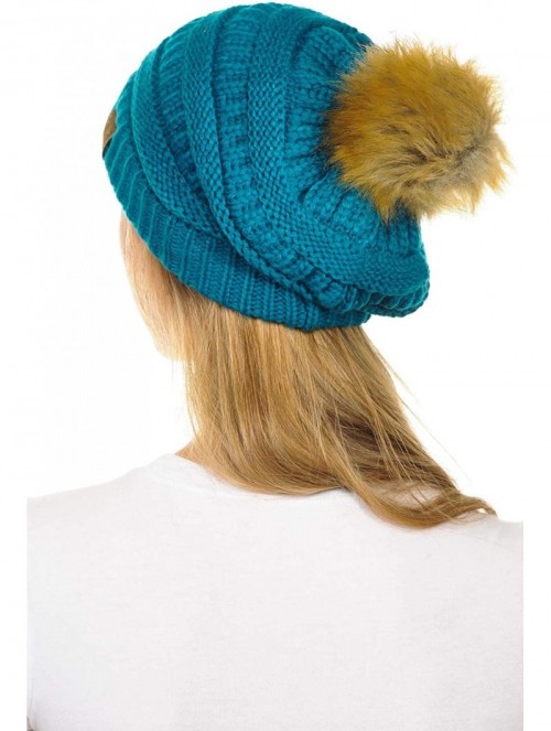 Skullies & Beanies Hat-43 Thick Warm Cap Hat Skully Faux Fur Pom Pom Cable Knit Beanie - Teal - C718X6SKYKQ $21.62