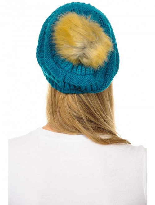 Skullies & Beanies Hat-43 Thick Warm Cap Hat Skully Faux Fur Pom Pom Cable Knit Beanie - Teal - C718X6SKYKQ $21.62