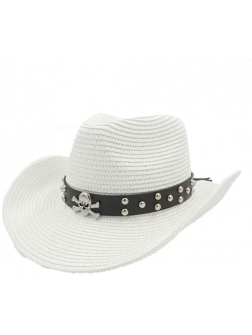 Cowboy Hats Unisex Wide Brim Straw Cowboy Hat Summer Outback Beach Sun Cap with Leather Belt - White - CD18S23E75T $39.41