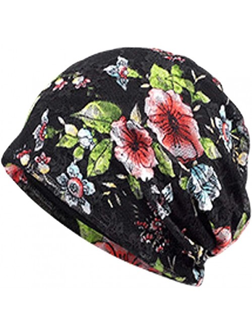 Skullies & Beanies Womens Cotton Beanie Lace Turban Soft Sleep Cap Chemo Hats Fashion Slouchy Hat - Black Big Flower - CV18RQ...