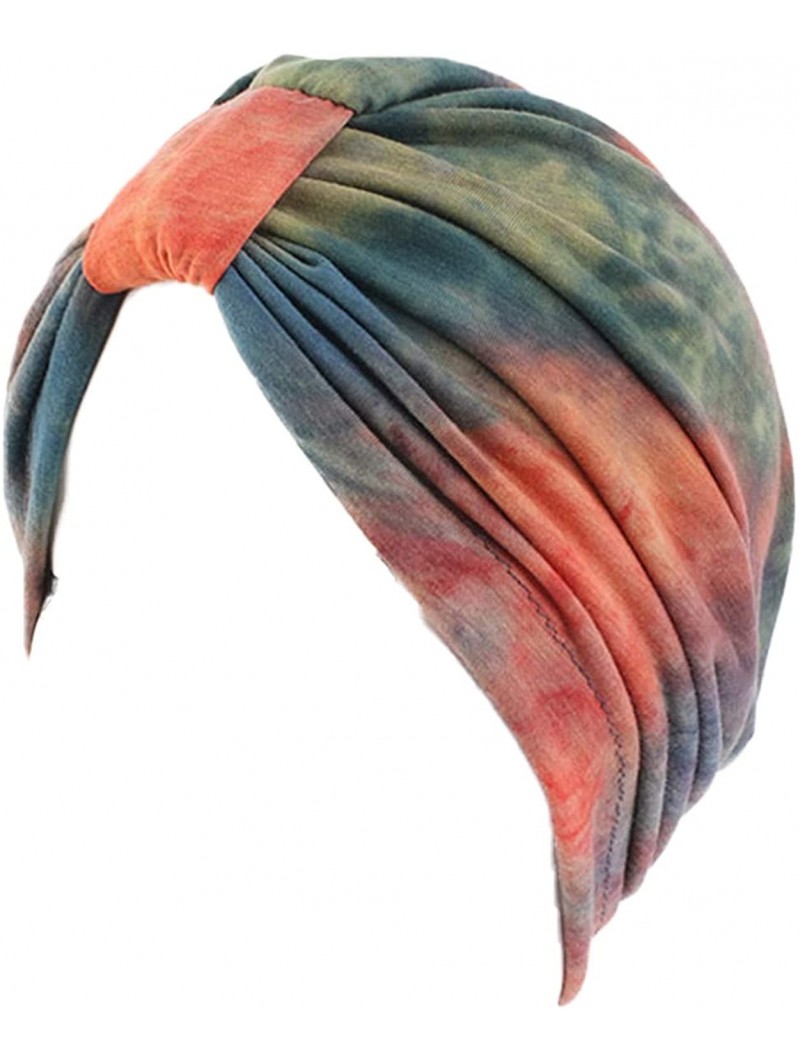 Skullies & Beanies Shiny Turban Hat Headwraps Twist Pleated Hair Wrap Stretch Turban - Tie Dye Orange - CH199IEUU5E $11.72