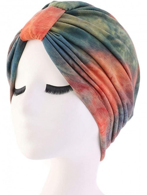 Skullies & Beanies Shiny Turban Hat Headwraps Twist Pleated Hair Wrap Stretch Turban - Tie Dye Orange - CH199IEUU5E $11.72