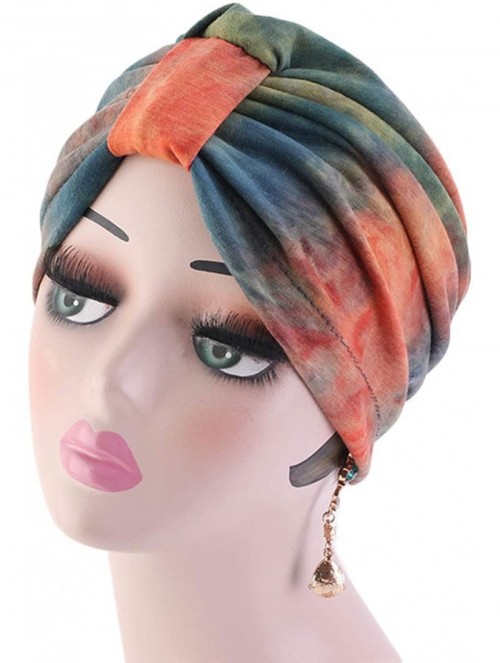 Skullies & Beanies Shiny Turban Hat Headwraps Twist Pleated Hair Wrap Stretch Turban - Tie Dye Orange - CH199IEUU5E $11.72