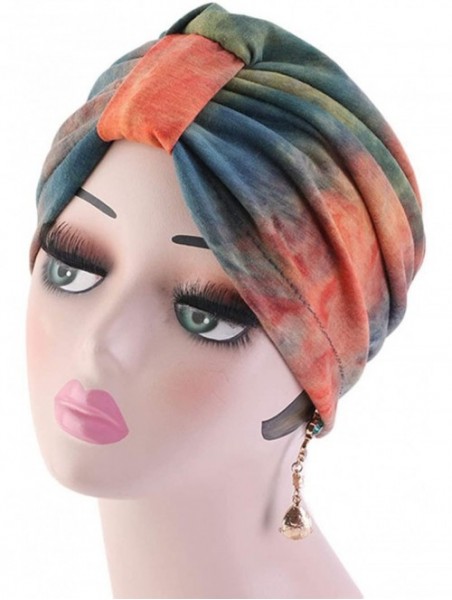 Skullies & Beanies Shiny Turban Hat Headwraps Twist Pleated Hair Wrap Stretch Turban - Tie Dye Orange - CH199IEUU5E $11.72