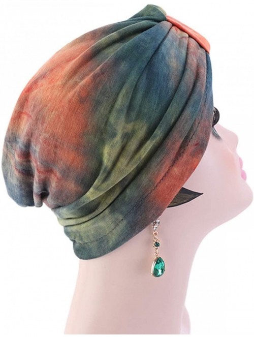 Skullies & Beanies Shiny Turban Hat Headwraps Twist Pleated Hair Wrap Stretch Turban - Tie Dye Orange - CH199IEUU5E $11.72