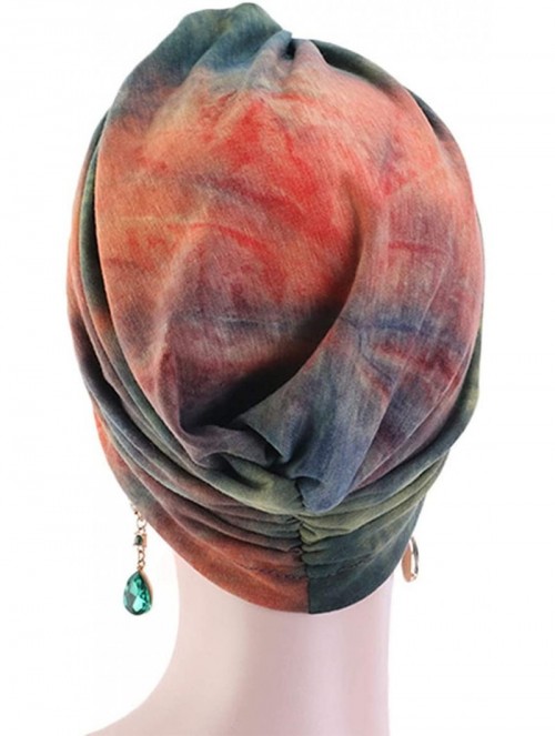 Skullies & Beanies Shiny Turban Hat Headwraps Twist Pleated Hair Wrap Stretch Turban - Tie Dye Orange - CH199IEUU5E $11.72