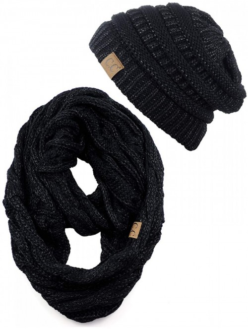 Skullies & Beanies Unisex Soft Stretch Chunky Cable Knit Beanie and Infinity Loop Scarf Set - Black Metallic - CN18KITYW97 $3...