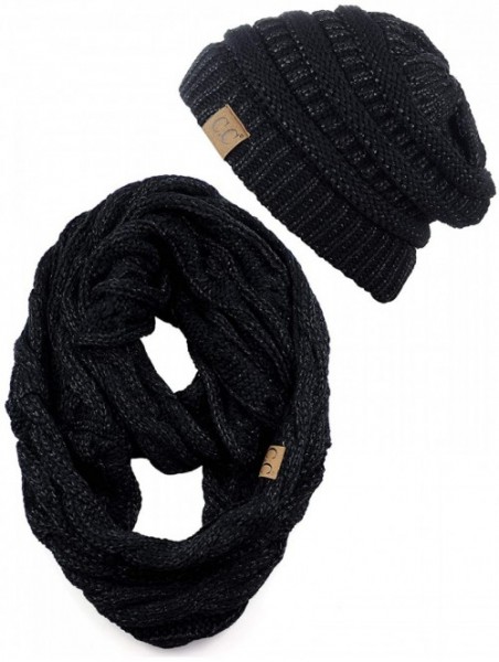 Skullies & Beanies Unisex Soft Stretch Chunky Cable Knit Beanie and Infinity Loop Scarf Set - Black Metallic - CN18KITYW97 $3...