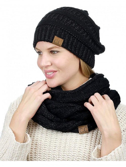 Skullies & Beanies Unisex Soft Stretch Chunky Cable Knit Beanie and Infinity Loop Scarf Set - Black Metallic - CN18KITYW97 $3...