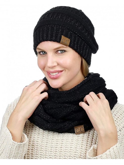 Skullies & Beanies Unisex Soft Stretch Chunky Cable Knit Beanie and Infinity Loop Scarf Set - Black Metallic - CN18KITYW97 $3...