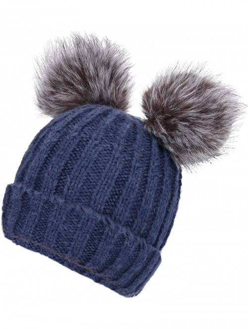 Skullies & Beanies Women's Winter Ski Knit Warm Fleece Beanie Hat w/Double Fur Pom - Navy Hat Black Grey Ball Black Lining - ...