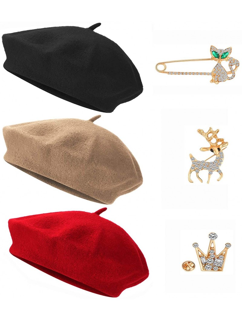 Berets Women Berets Hat Vintage Beanie Cap French Style Artist Cap with Cute Brooch Pin - Color Set 1 - C718XQKGD8D $13.65