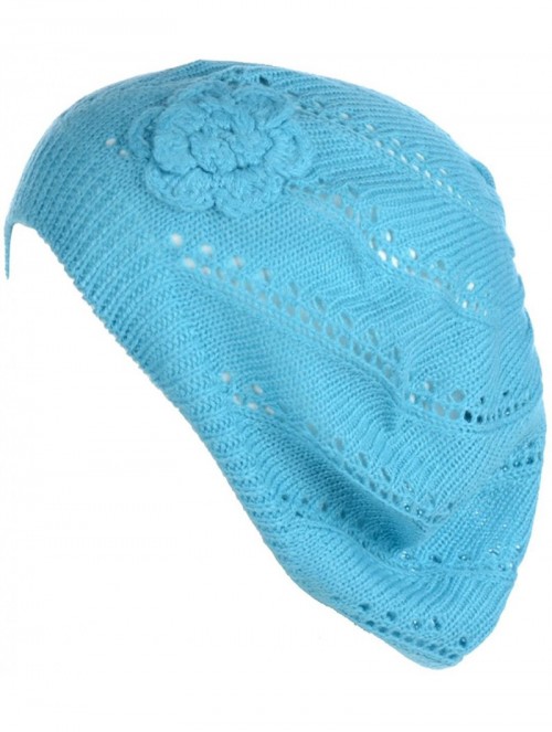 Berets Chic Parisian Style Soft Lightweight Crochet Cutout Knit Beret Beanie Hat - Swirl Aqua - CK12MX96KHM $12.44