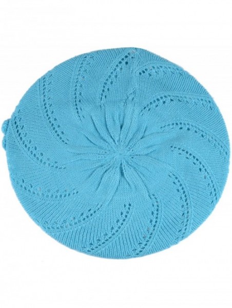 Berets Chic Parisian Style Soft Lightweight Crochet Cutout Knit Beret Beanie Hat - Swirl Aqua - CK12MX96KHM $12.44