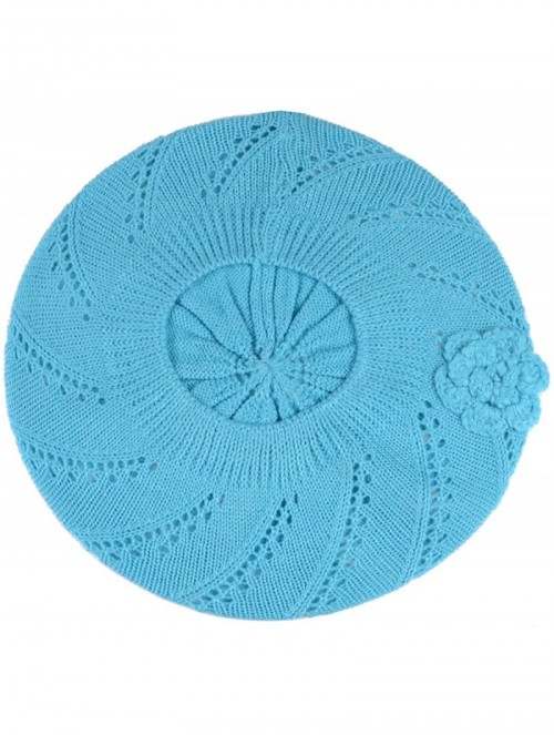 Berets Chic Parisian Style Soft Lightweight Crochet Cutout Knit Beret Beanie Hat - Swirl Aqua - CK12MX96KHM $12.44