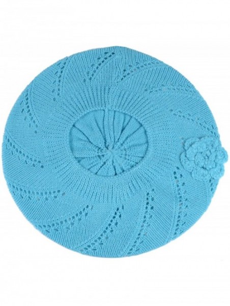 Berets Chic Parisian Style Soft Lightweight Crochet Cutout Knit Beret Beanie Hat - Swirl Aqua - CK12MX96KHM $12.44