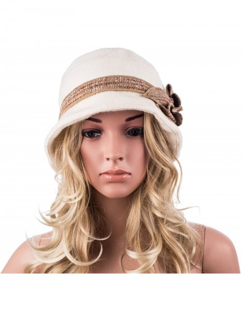 Bucket Hats Womens 1920s Gatsby Wool Flower Band Beret Beanie Cloche Bucket Hat A374 - White - CB12M2Q22NJ $17.93