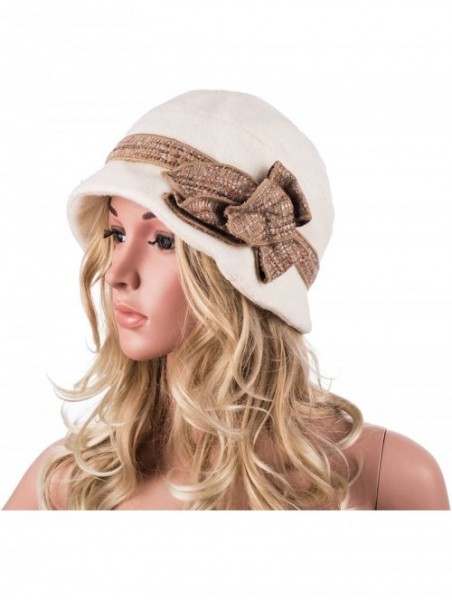 Bucket Hats Womens 1920s Gatsby Wool Flower Band Beret Beanie Cloche Bucket Hat A374 - White - CB12M2Q22NJ $17.93