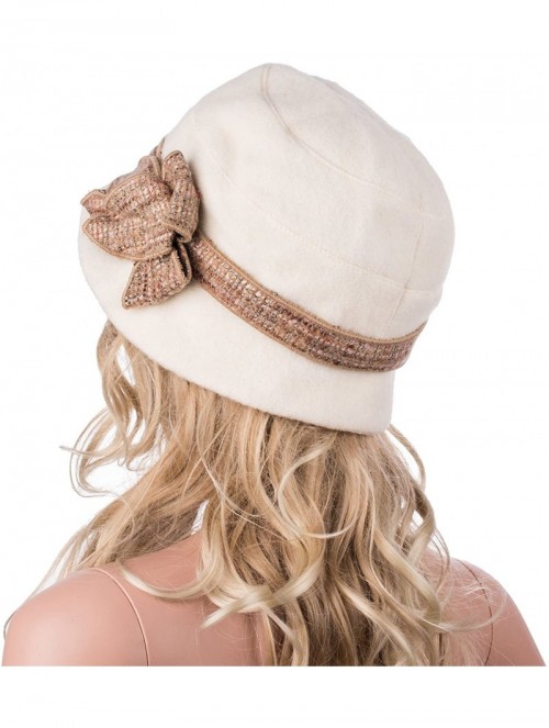 Bucket Hats Womens 1920s Gatsby Wool Flower Band Beret Beanie Cloche Bucket Hat A374 - White - CB12M2Q22NJ $17.93