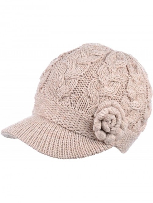 Skullies & Beanies Women's Winter Fleece Lined Elegant Flower Cable Knit Newsboy Cabbie Hat - Lt. Beige Cable Flower - C718II...
