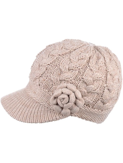 Skullies & Beanies Women's Winter Fleece Lined Elegant Flower Cable Knit Newsboy Cabbie Hat - Lt. Beige Cable Flower - C718II...